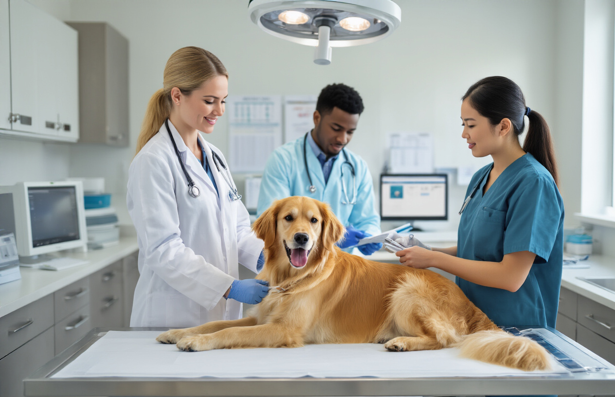 Create a realistic image of a modern veterinary clinic or animal hospital setting with a diverse group of professionals including a white female veterinarian in a lab coat examining a golden retriever on an examination table, a black male veterinary technician preparing medical equipment, and an Asian female student observing the procedure, with modern veterinary equipment, computers, and medical charts visible in the background, bright professional lighting, clean white and blue color scheme, conveying a sense of career advancement and professional networking in veterinary medicine, absolutely NO text should be in the scene.
