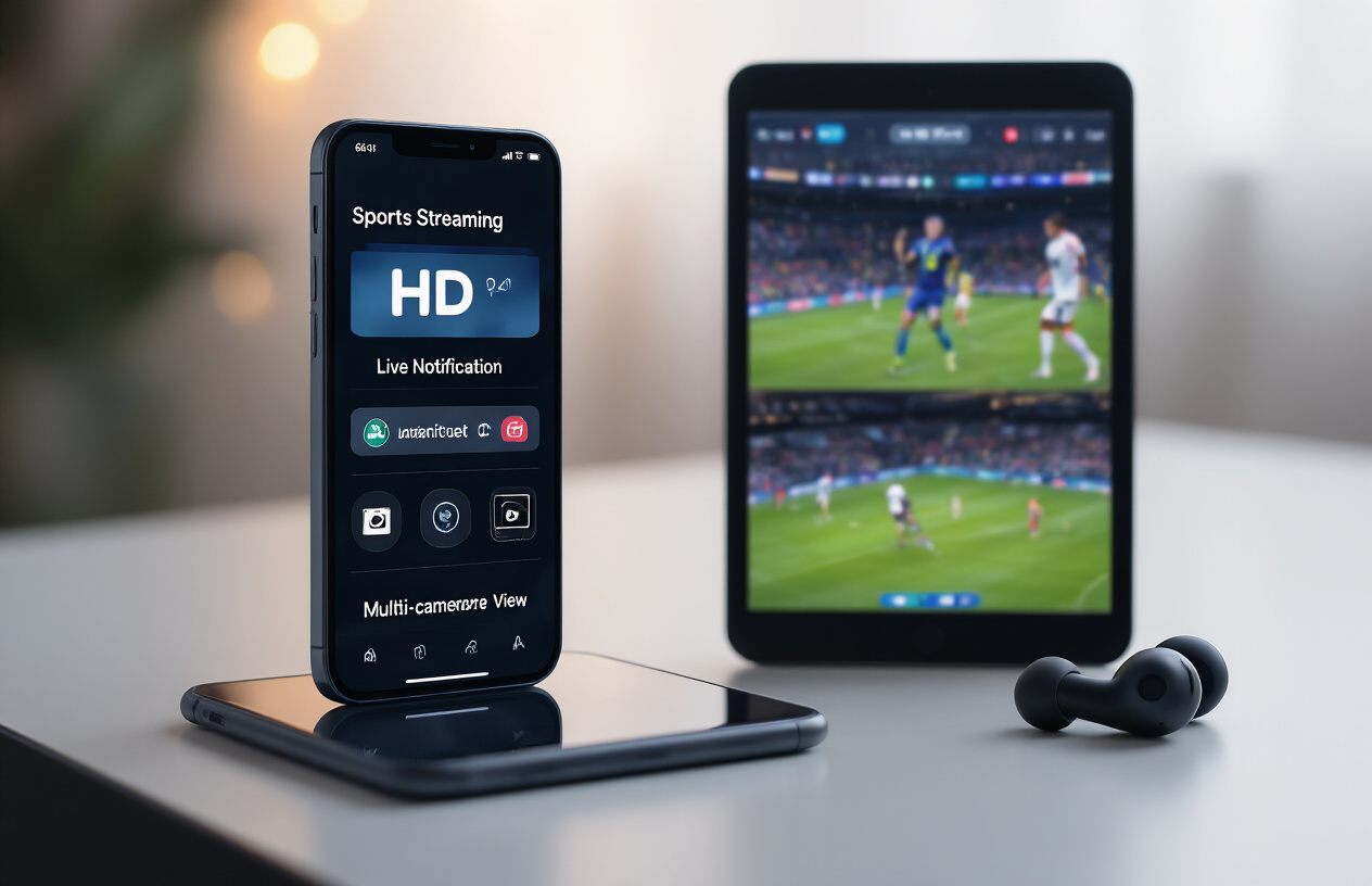 Create a realistic image of a smartphone displaying a sports streaming app interface with multiple feature icons visible on screen including HD quality symbol, live notification badge, multi-camera view options, and replay controls, placed on a modern desk next to wireless earbuds and a tablet showing different sports matches, with soft ambient lighting creating a tech-focused atmosphere, Absolutely NO text should be in the scene.