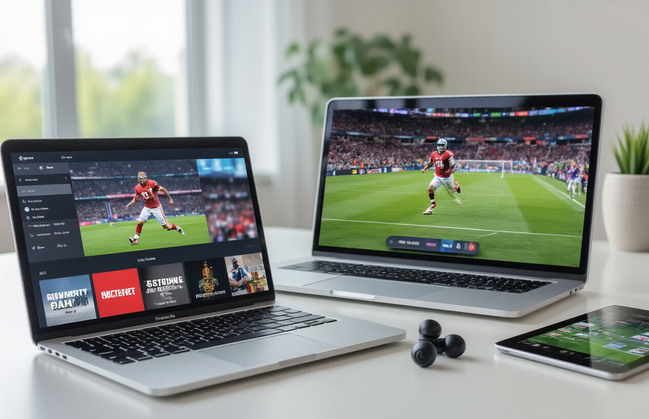 Create a realistic image of a modern smartphone displaying a sports streaming interface with a live football game on the screen, positioned on a sleek desk next to a laptop computer also showing sports content, with wireless earbuds and a tablet displaying different sports channels nearby, all set against a clean contemporary workspace background with soft natural lighting, emphasizing the premium quality and free accessibility of multiple streaming platforms, absolutely NO text should be in the scene.