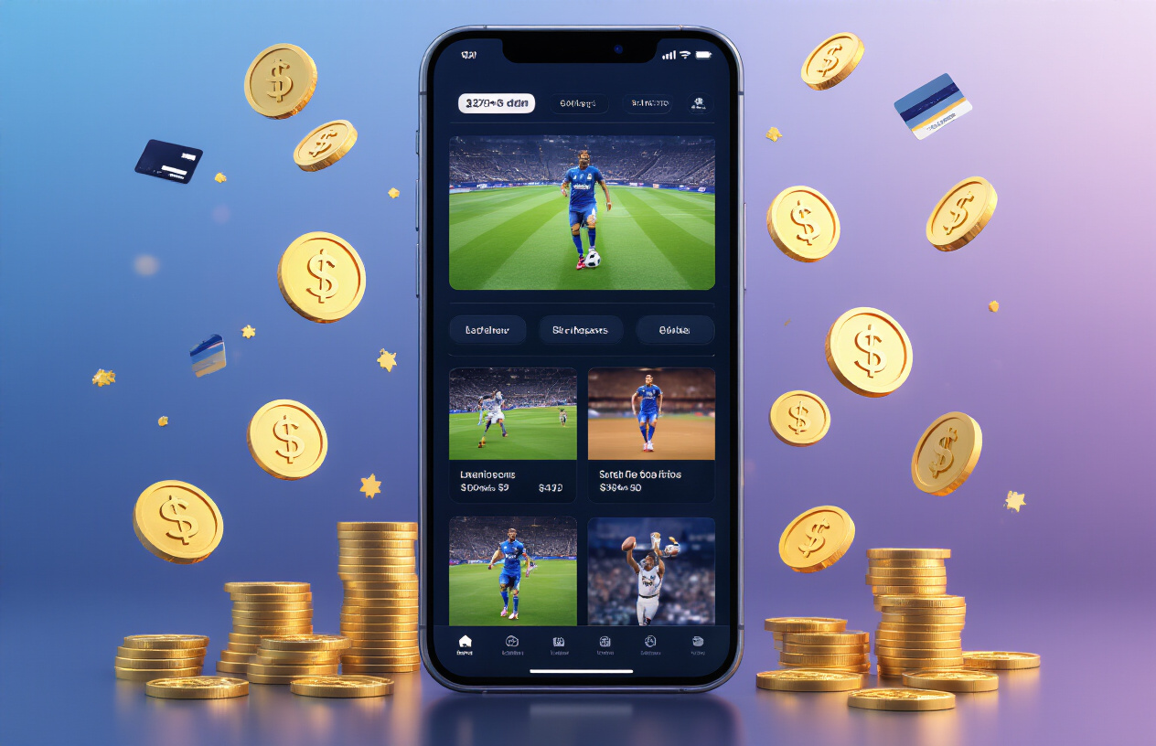 Create a realistic image of a sleek smartphone displaying a premium sports streaming app interface with multiple live game thumbnails, surrounded by floating golden coins and dollar signs to represent paid investment, with a subtle gradient background transitioning from deep blue to purple, professional lighting highlighting the phone screen's glow, and small icons of credit cards and premium badges scattered around the device to emphasize the paid subscription concept, absolutely NO text should be in the scene.
