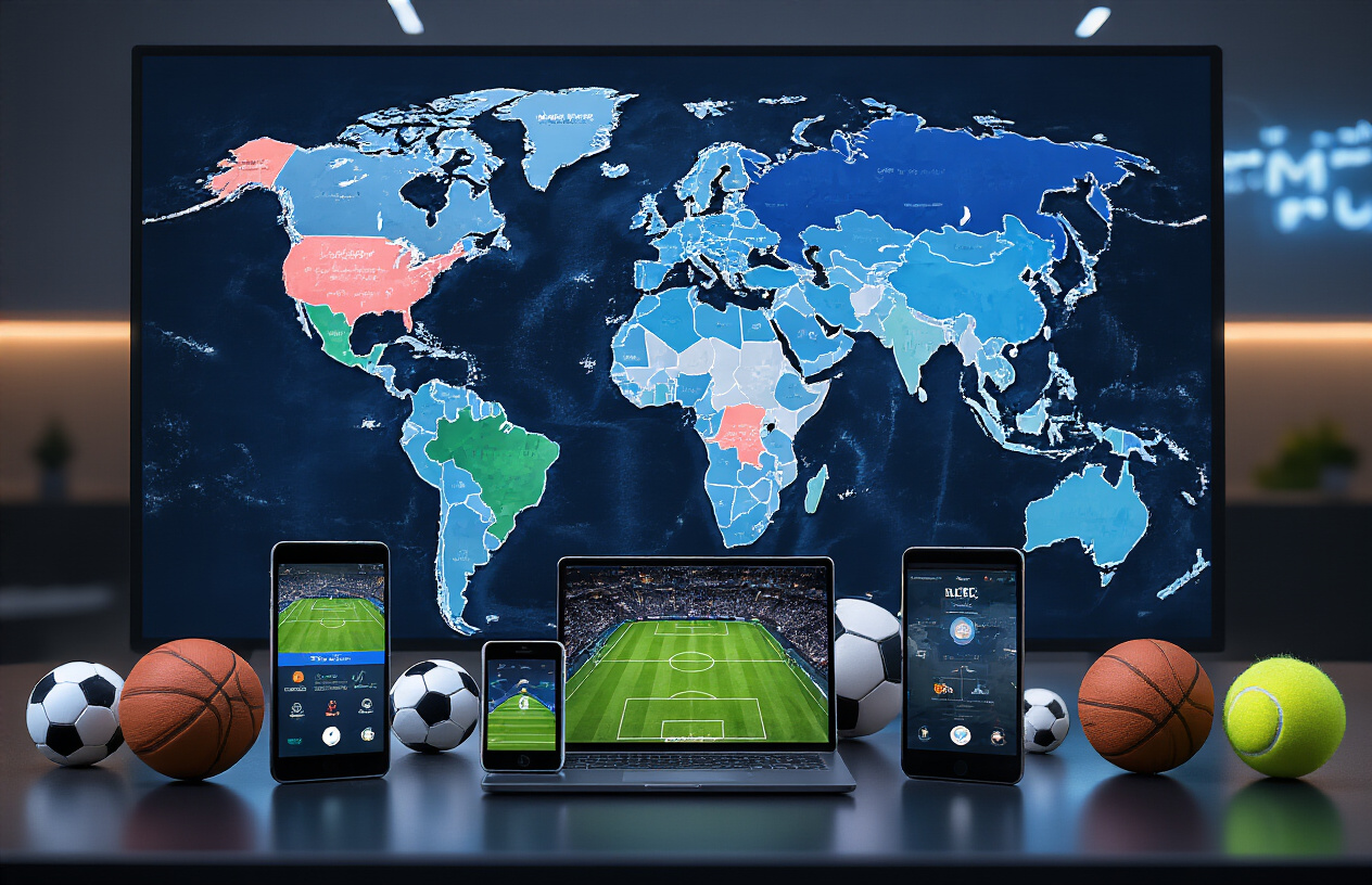 Create a realistic image of a world map displayed on a large digital screen showing different continents highlighted in various colors, with multiple smartphone and tablet devices positioned in the foreground displaying different sports streaming app interfaces, soccer balls, basketballs, and tennis balls scattered around the devices, modern tech setup with sleek black surfaces, soft ambient lighting with blue and white tones, clean professional environment suggesting global connectivity and sports streaming accessibility, absolutely NO text should be in the scene.