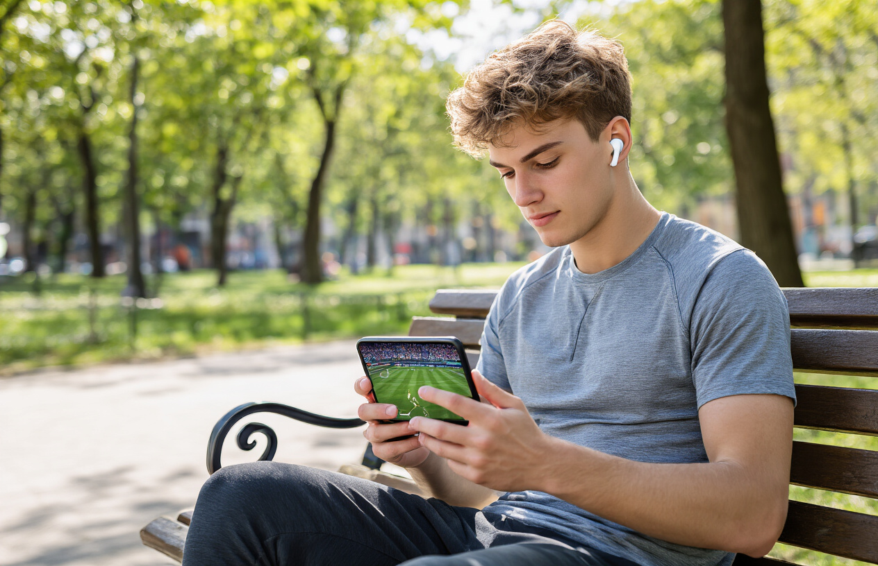 Create a realistic image of a young white male in his twenties sitting on a park bench outdoors, holding a smartphone horizontally in both hands while watching sports content on the screen, with wireless earbuds in his ears, wearing casual athletic clothing, surrounded by a sunny urban park setting with trees and walking paths in the background, natural daylight creating a bright and energetic mood, with the phone displaying a colorful sports streaming interface showing a live game in progress, absolutely NO text should be in the scene.