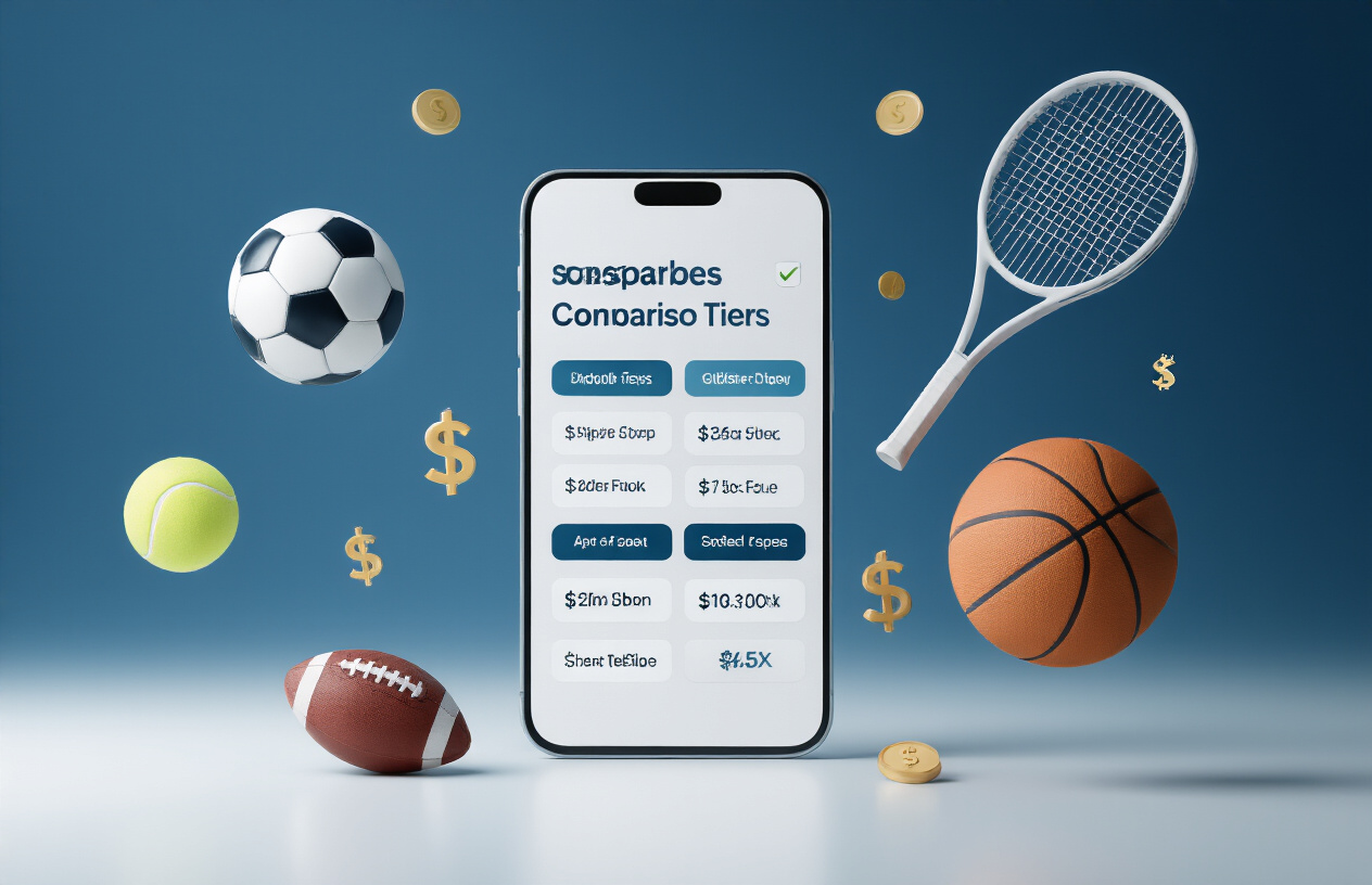 Create a realistic image of a modern smartphone displaying a comparison chart with multiple pricing tiers and subscription plans, surrounded by floating sports-related icons including a soccer ball, basketball, tennis racket, and football, with dollar signs and checkmarks indicating value features, set against a clean gradient background transitioning from blue to white, with soft professional lighting that emphasizes the screen content and creates subtle shadows, absolutely NO text should be in the scene.