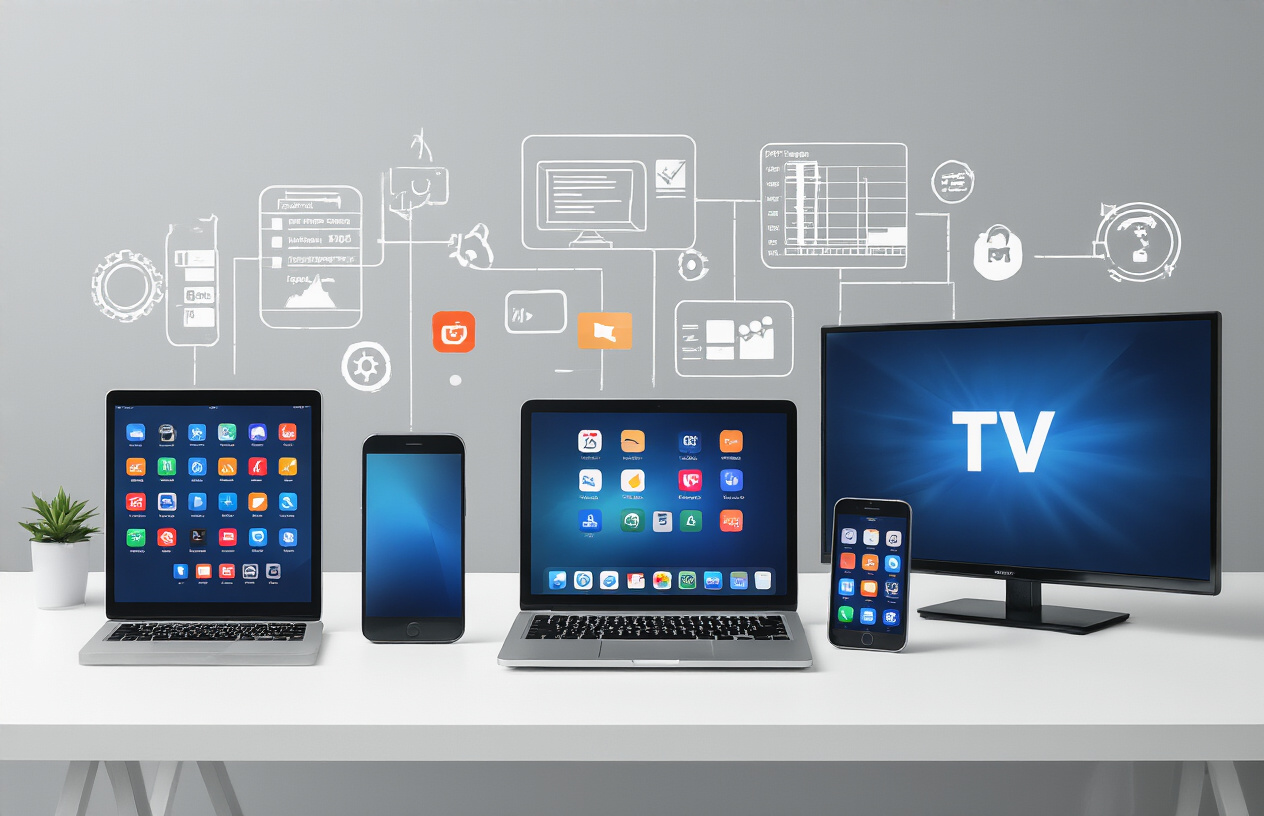 Create a realistic image of multiple electronic devices including a modern smartphone, tablet, laptop computer, and smart TV arranged on a clean white surface, with colorful app icons visible on their screens, surrounded by technical specification charts and compatibility symbols floating in the background, professional studio lighting with soft shadows, clean and organized composition suggesting technology compatibility and requirements, Absolutely NO text should be in the scene.