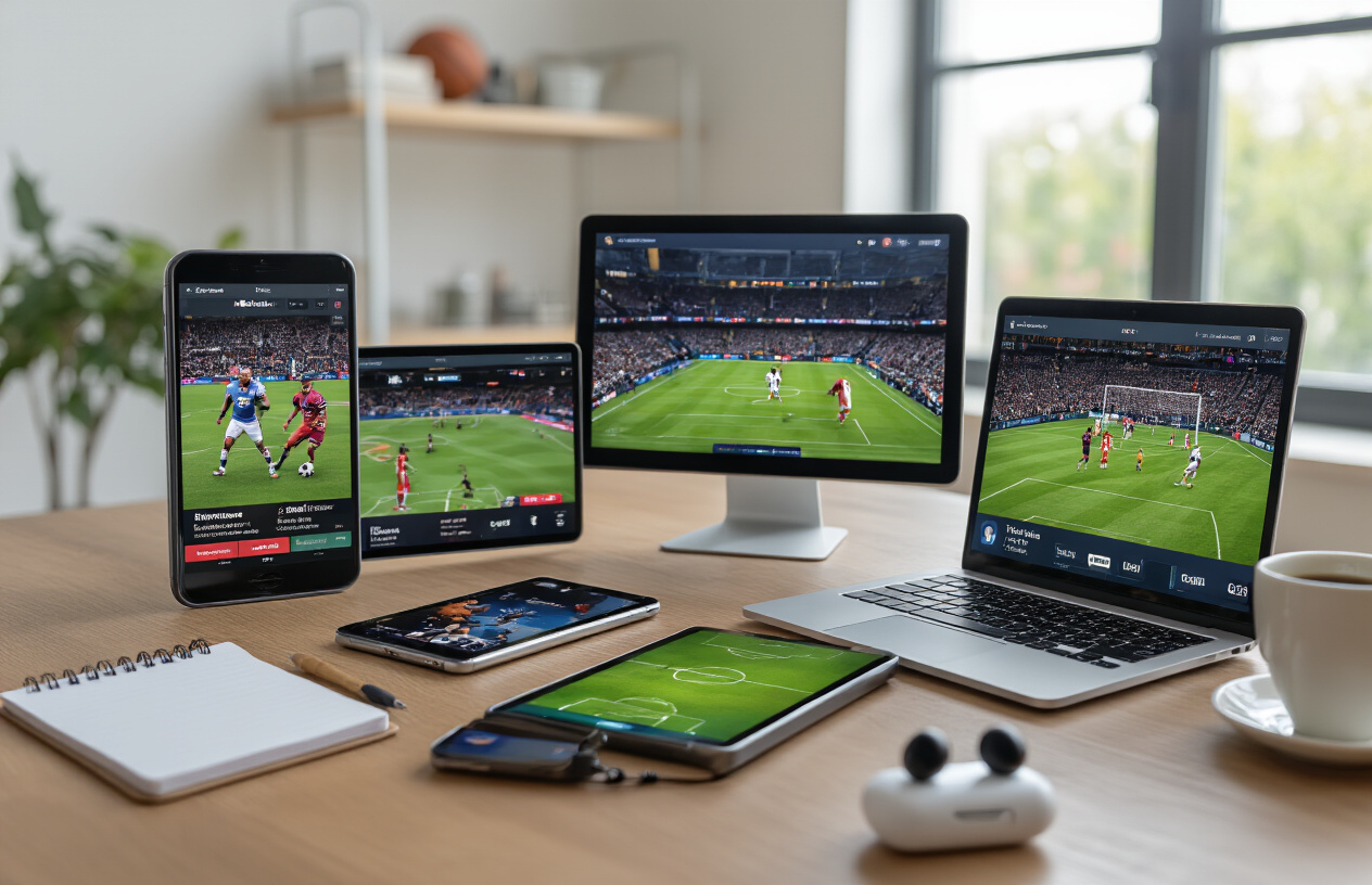 Create a realistic image of multiple smartphones and tablets displaying various sports live streaming interfaces with different sports events like football, basketball, and soccer matches visible on the screens, arranged on a modern wooden desk with soft natural lighting from a window, complemented by wireless earbuds, a notepad, and a coffee cup in the background, creating a clean and organized workspace atmosphere that suggests completion and satisfaction with finding the best streaming options, absolutely NO text should be in the scene.