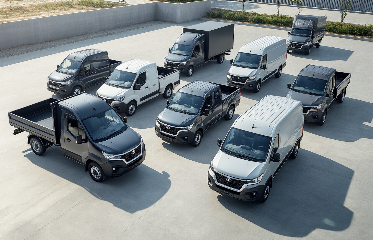 Create a realistic image of multiple Tata commercial vehicles showcased in a modern outdoor display setting, featuring various models including trucks, pickups, and commercial vans arranged in a diagonal formation on a clean concrete surface, with sleek modern design elements highlighting their powerful build quality, set against a contemporary industrial background with subtle lighting that emphasizes the vehicles' robust construction and professional appearance, absolutely NO text should be in the scene.