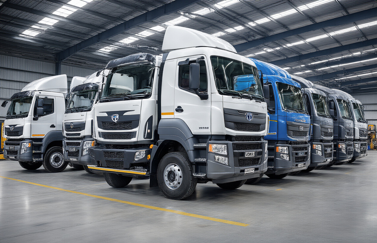 Create a realistic image of multiple Tata heavy-duty trucks lined up in a well-lit industrial yard or dealership display area, featuring various models of large commercial trucks with different cabin configurations and body types, the trucks should be primarily in Tata's signature colors including white, blue, and silver, positioned at slight angles to showcase their robust design and powerful build, with clean concrete flooring and a modern industrial background with subtle warehouse structures, bright daylight lighting creating clear visibility of truck details and features, emphasizing the professional commercial vehicle atmosphere, absolutely NO text should be in the scene.