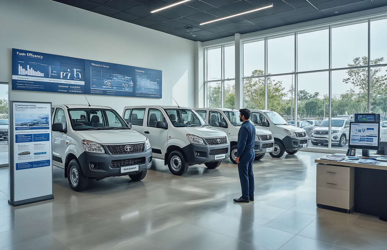 Create a realistic image of a modern automotive dealership showroom with multiple Tata commercial vehicles including trucks and pickups displayed on a polished floor, with professional pricing tags visible near each vehicle, a fuel efficiency comparison chart mounted on the wall showing mileage figures, maintenance cost calculator on a digital display screen, Indian male sales representative in formal attire standing beside the vehicles, bright showroom lighting with large windows, clean professional atmosphere, automotive brochures and documentation spread on a nearby desk, absolutely NO text should be in the scene.