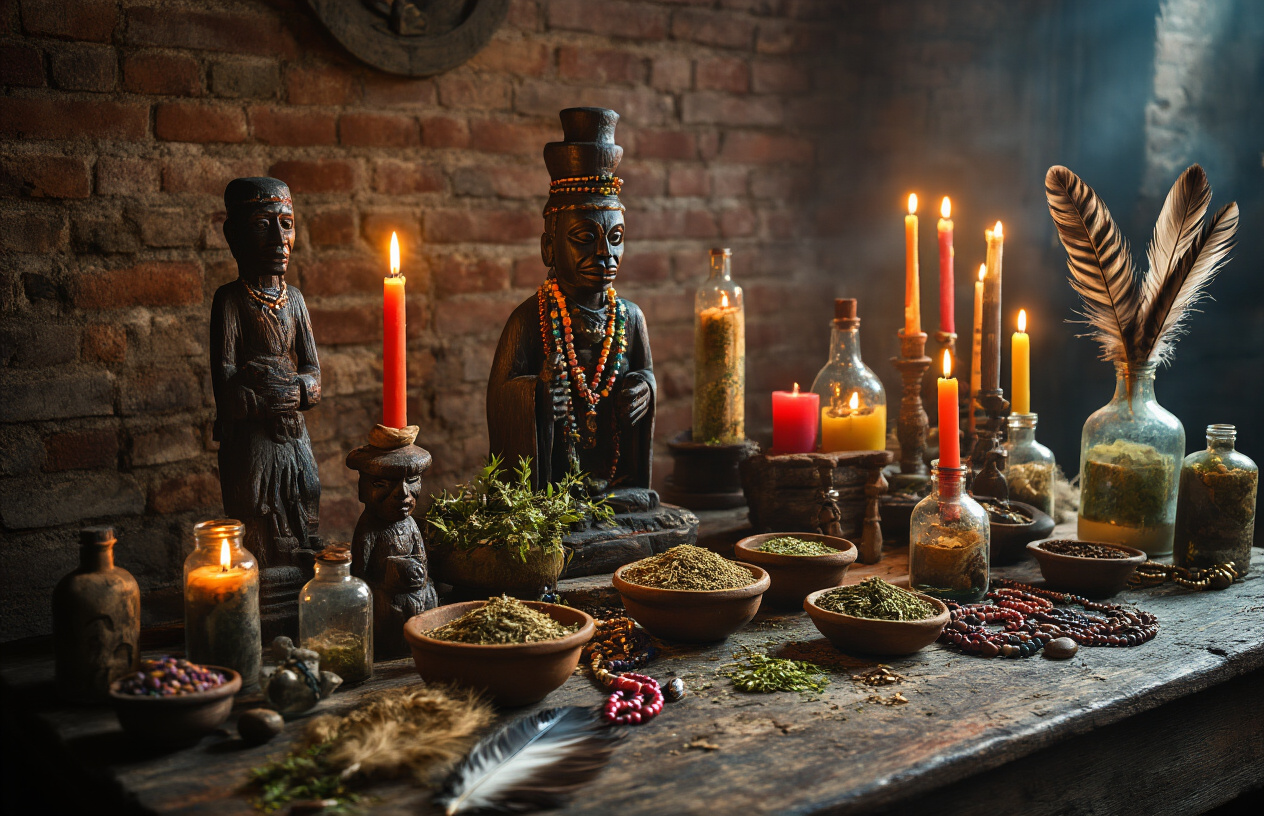 Create a realistic image of a dimly lit authentic voodoo altar in a traditional New Orleans setting with carved wooden figurines, colorful candles, small bowls containing herbs and offerings, antique glass bottles with mysterious contents, feathers, beads, and ritual items arranged on a weathered wooden table, with soft candlelight creating dramatic shadows against old brick walls, capturing the mystical and sacred atmosphere of genuine voodoo practice, absolutely NO text should be in the scene.