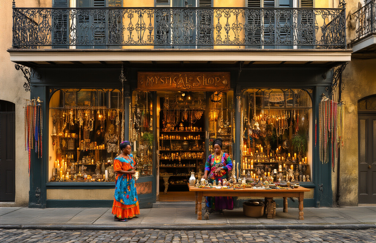 Create a realistic image of a mystical shop storefront in New Orleans French Quarter with ornate wrought iron balconies, displaying authentic voodoo artifacts like candles, herbs, and ritual items in the window, while a middle-aged black female practitioner in colorful traditional clothing arranges spiritual objects on a wooden table outside, surrounded by hanging beads and charms, with warm golden afternoon lighting casting atmospheric shadows on cobblestone streets, creating an authentic and welcoming spiritual atmosphere. Absolutely NO text should be in the scene.