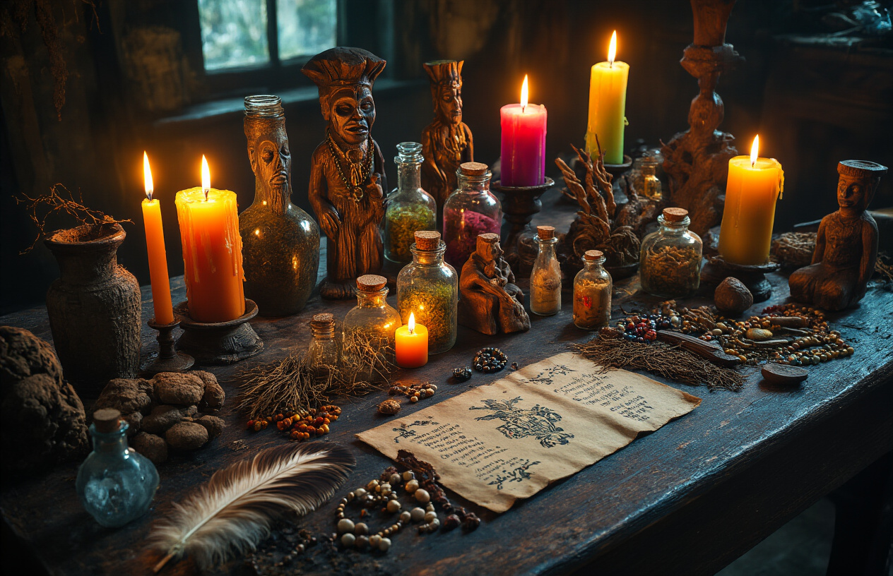 Create a realistic image of a dimly lit authentic voodoo altar with various mystical objects including colorful candles, small glass bottles filled with herbs and oils, carved wooden figurines, dried roots, feathers, crystals, beads, and ritual tools arranged on a dark wooden table, with soft candlelight casting warm shadows, creating a mysterious and spiritual atmosphere in what appears to be a traditional New Orleans practitioner's ritual space, absolutely NO text should be in the scene.