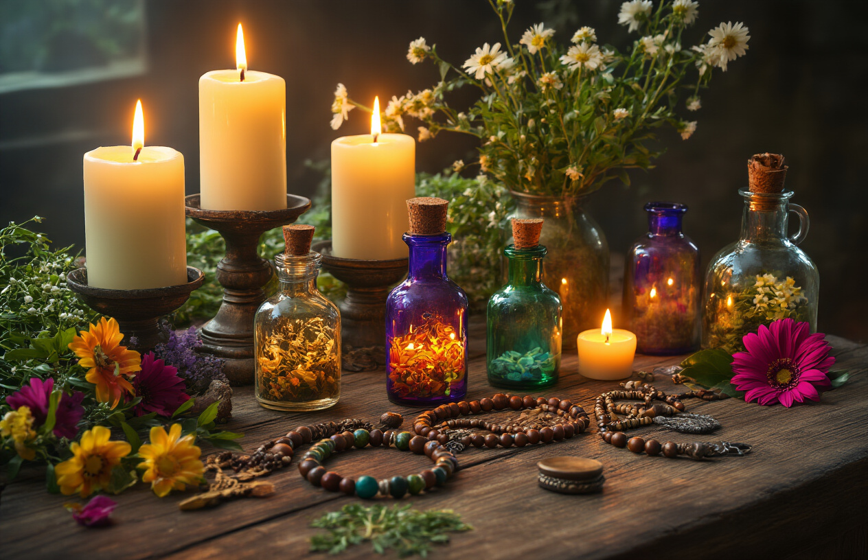 Create a realistic image of a sacred voodoo altar with burning white candles, colorful glass bottles filled with herbs and oils, fresh flowers, spiritual beads, and ritual tools arranged on a wooden table, with soft warm candlelight illuminating the mystical objects against a dark atmospheric background, conveying a sense of spiritual power and reverence, absolutely NO text should be in the scene.