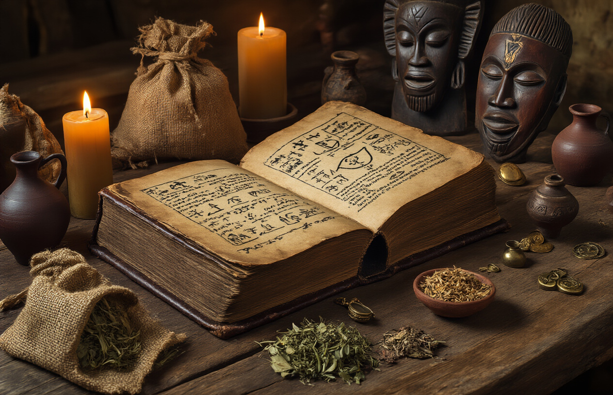 Create a realistic image of an old weathered leather-bound book with faded pages spread open displaying ancient symbols and ritualistic drawings, surrounded by traditional African spiritual artifacts including carved wooden masks, small clay vessels, dried herbs in burlap pouches, worn brass amulets, and flickering candles, set on a rustic wooden table in a dimly lit room with warm amber lighting casting deep shadows, creating a mystical historical atmosphere that evokes the ancestral roots of spiritual practices, absolutely NO text should be in the scene.