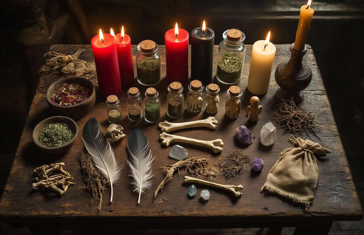 Create a realistic image of various voodoo ritual objects and spell ingredients arranged on an old wooden table, including colorful candles (red, black, white), small glass vials filled with herbs and powders, chicken feathers, bone fragments, carved wooden dolls, crystals, dried roots, and small cloth pouches, all illuminated by warm candlelight in a dimly lit room with shadowy atmosphere, shot from above to show the variety and arrangement of mystical items, absolutely NO text should be in the scene.