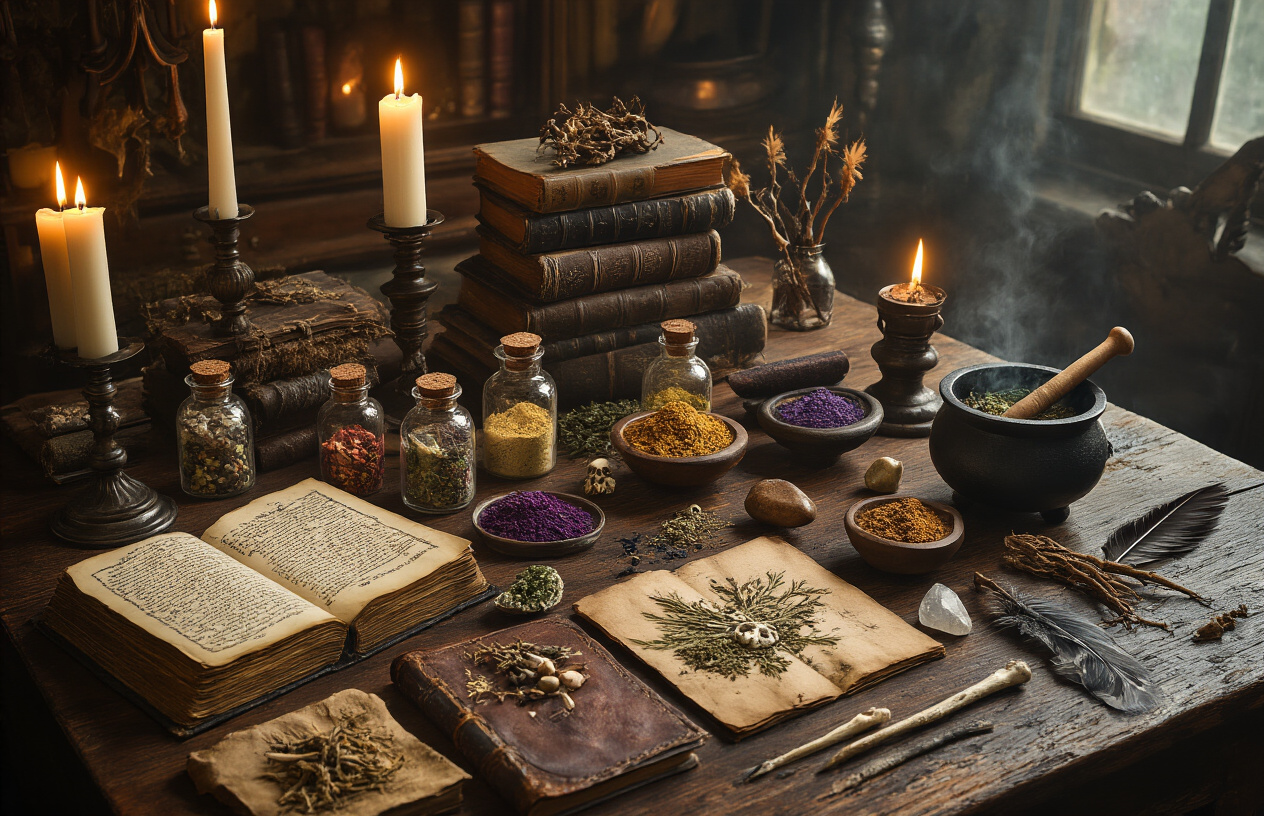 Create a realistic image of an antique wooden table displaying various mystical spell-casting ingredients and tools including lit white and black candles, small glass vials containing colorful herbs and powders, dried roots and botanicals, crystals and gemstones, a mortar and pestle, old leather-bound books, a small cauldron, feathers, bones, and ritual daggers arranged in an organized manner, set against a dimly lit atmospheric background with warm candlelight creating dramatic shadows, evoking the mystical ambiance of New Orleans voodoo traditions, absolutely NO text should be in the scene.