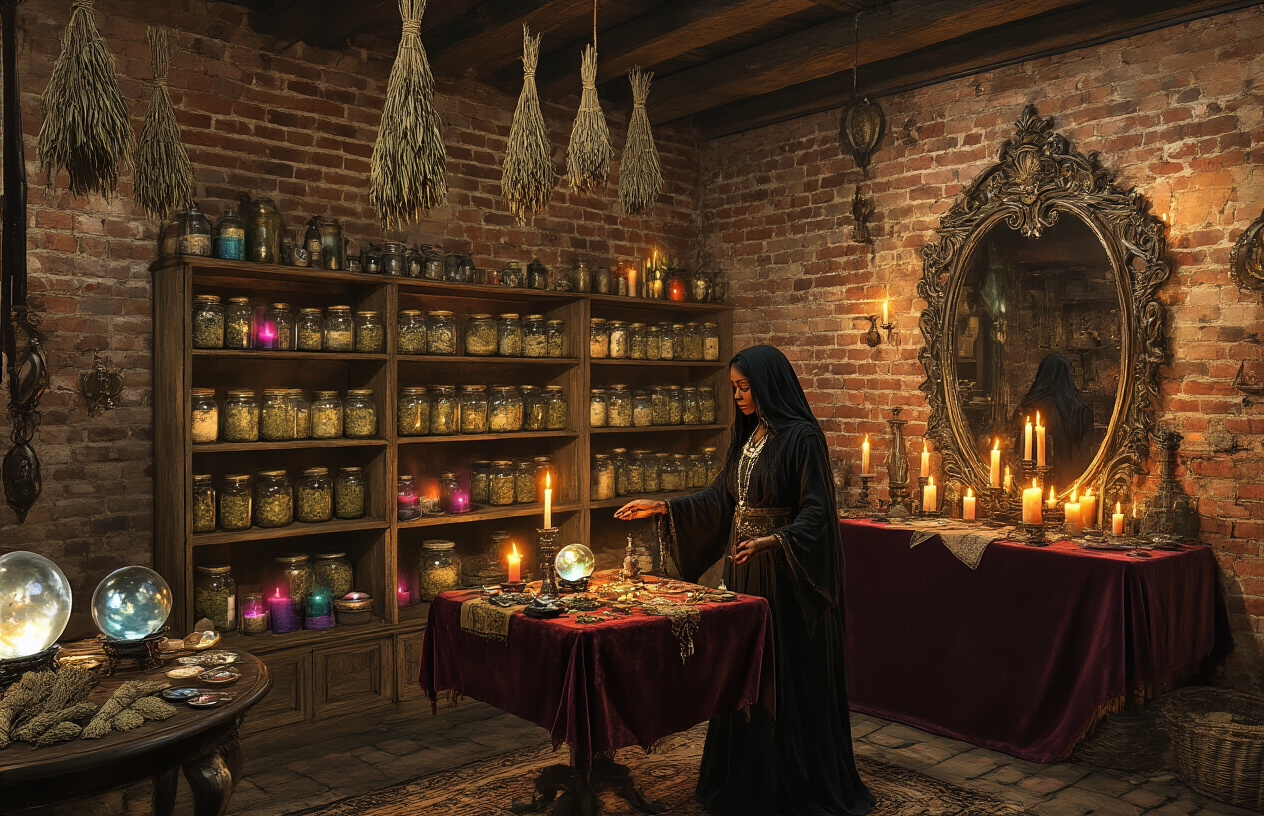 Create a realistic image of a dimly lit New Orleans voodoo shop interior with weathered brick walls, wooden shelves lined with glass jars containing herbs and mysterious ingredients, flickering candles casting dancing shadows, crystal balls on antique tables, colorful prayer candles, dried bundles of sage and herbs hanging from the ceiling, ornate mirrors with decorative frames, and a black female practitioner in traditional flowing robes arranging ritual items on a velvet-covered altar, with warm golden candlelight creating an authentic mystical atmosphere, absolutely NO text should be in the scene.
