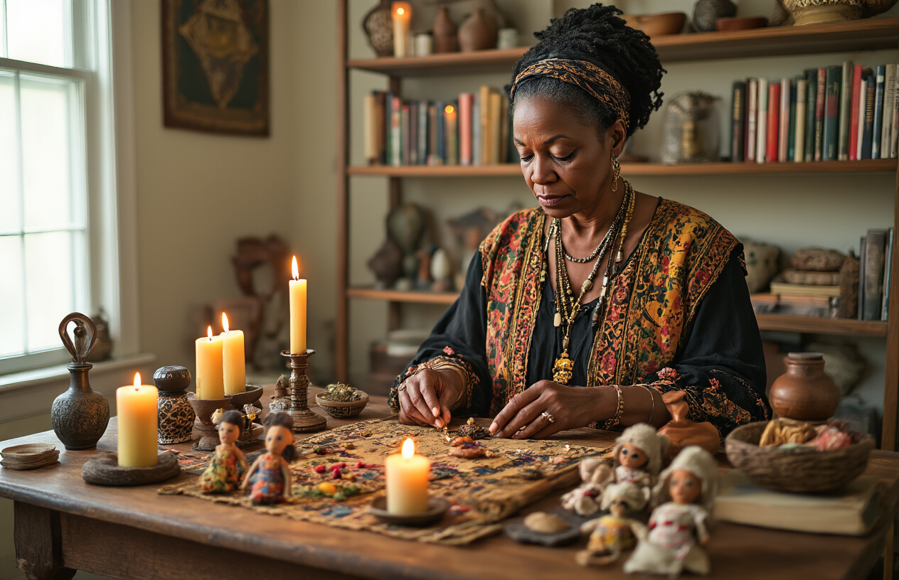 Create a realistic image of a respectful modern voodoo practitioner, a middle-aged black female, carefully arranging traditional ritual items including candles, herbs, and small fabric dolls on a wooden altar table in a contemporary New Orleans home interior, with warm ambient lighting from candles casting gentle shadows, shelves displaying both traditional African spiritual artifacts and modern books in the background, conveying reverence and cultural continuity, absolutely NO text should be in the scene.