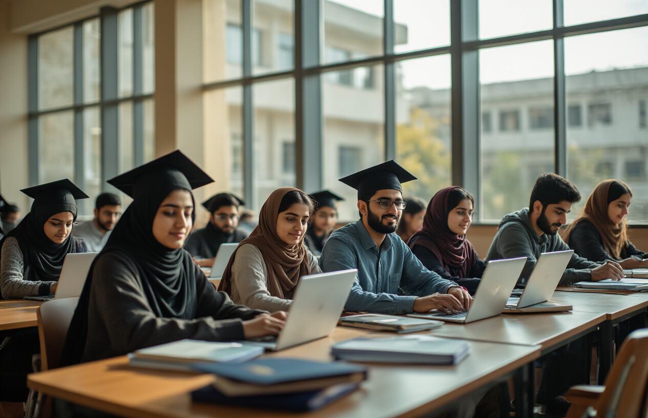 Create a realistic image of Pakistani students sitting at desks with laptops and books in a modern university classroom, showing a diverse group of South Asian male and female students engaged in virtual learning, with university building visible through large windows in the background, warm natural lighting creating an inspiring academic atmosphere, graduation caps and diplomas subtly placed on nearby tables suggesting successful completion of studies, absolutely NO text should be in the scene.