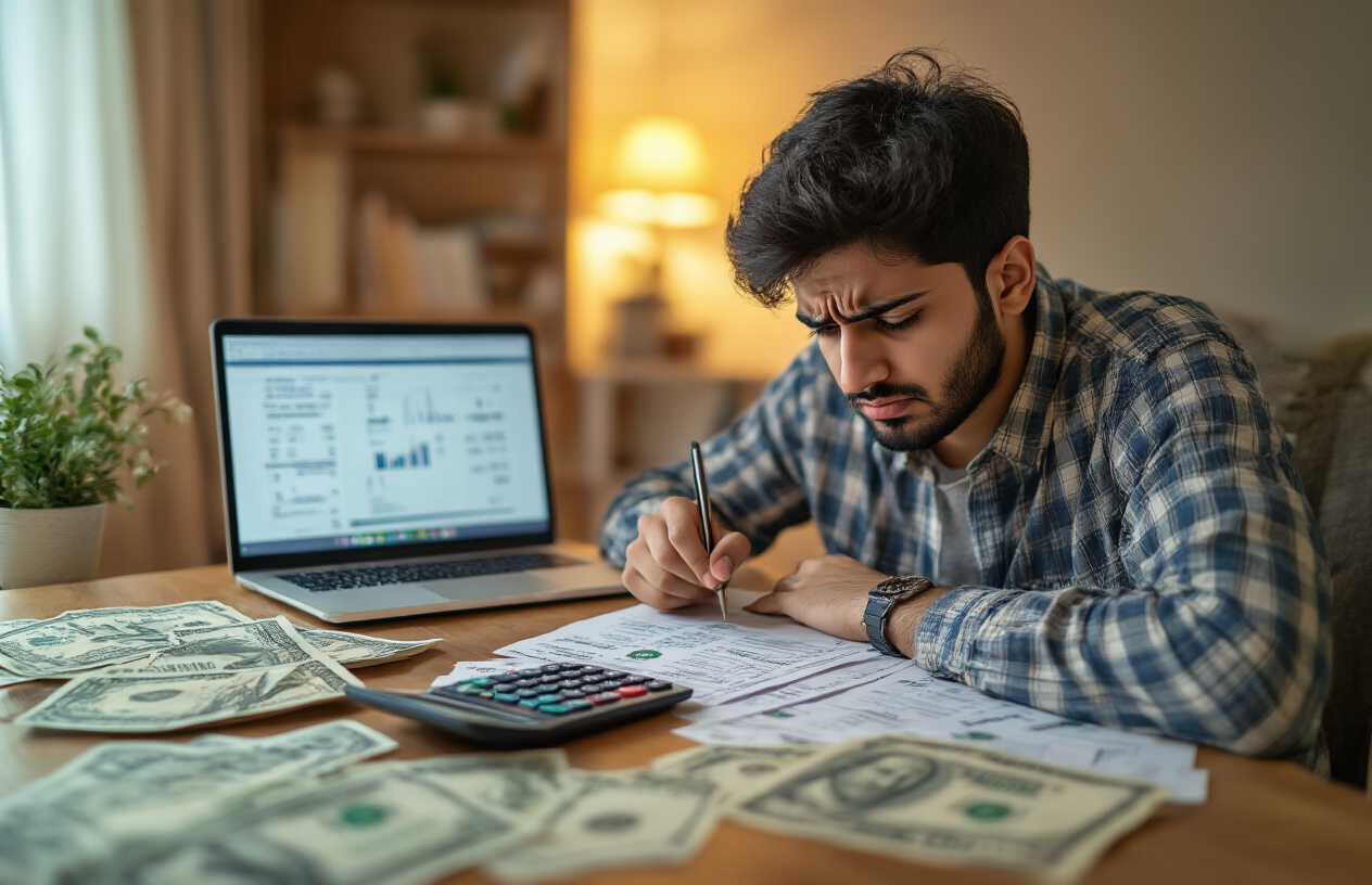 Create a realistic image of a Pakistani male student sitting at a desk looking concerned while reviewing financial documents and calculator with Pakistani rupee bills scattered around, additional expense receipts visible on the desk, a laptop displaying fee-related content in the background, warm indoor lighting creating a slightly stressed atmosphere in a home study environment, absolutely NO text should be in the scene.