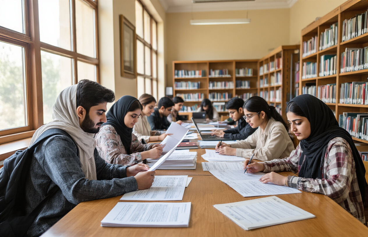 Create a realistic image of Pakistani students of diverse backgrounds studying admission documents and application forms at wooden desks in a university library setting, with books, laptops, and paperwork spread around them, featuring warm natural lighting from large windows, academic atmosphere with bookshelves in the background, and students appearing focused and determined while reviewing eligibility requirements, absolutely NO text should be in the scene.