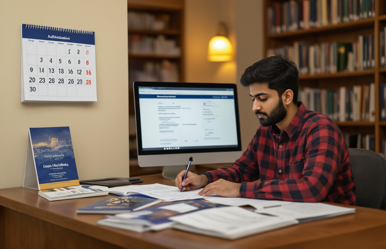 Create a realistic image of a modern university admissions office with a South Asian male student sitting at a wooden desk filling out application forms, a calendar on the wall showing deadline dates, admission brochures and documents scattered on the desk, a computer displaying an online application portal, warm indoor lighting, professional academic atmosphere with bookshelves in the background, absolutely NO text should be in the scene.