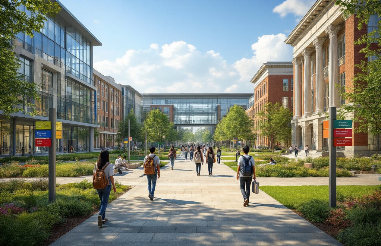 Create a realistic image of a modern university campus courtyard with multiple academic department buildings in the background, featuring diverse architectural styles representing different faculties like science labs with glass facades, humanities buildings with classical columns, and engineering complexes with contemporary designs, with colorful directional signage posts pointing to various departments, lush green landscaping, paved walkways, and students of different races (Asian, white, black) and genders walking between buildings carrying books and backpacks, under bright daylight with clear blue skies, creating an welcoming academic atmosphere, absolutely NO text should be in the scene.