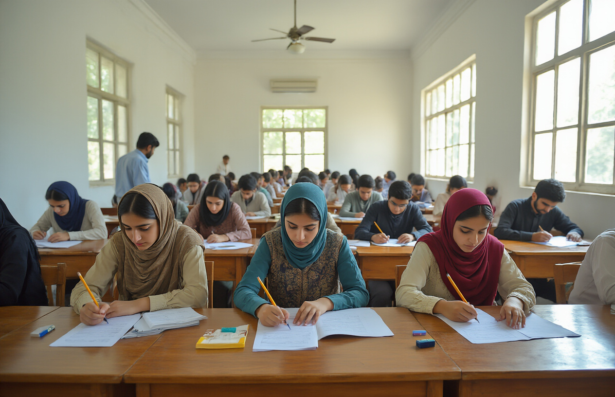 Create a realistic image of Pakistani students of diverse ethnicities sitting at wooden desks in a bright, well-lit examination hall, focused on writing entrance test papers, with pencils, erasers, and answer sheets on their desks, natural sunlight streaming through large windows creating a serious academic atmosphere, proctors walking between rows monitoring the test, clean white walls and ceiling fans visible in the background, absolutely NO text should be in the scene.