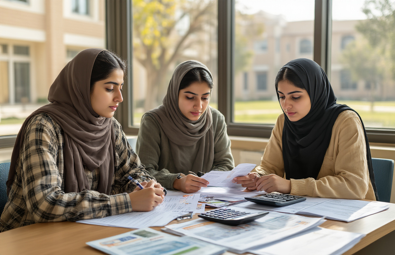 Create a realistic image of Pakistani students sitting at a table with fee documents, calculators, and financial aid brochures spread out, showing concerned but hopeful expressions as they review university costs, with a university campus building visible through a window in the background, warm natural lighting illuminating the scene, absolutely NO text should be in the scene.