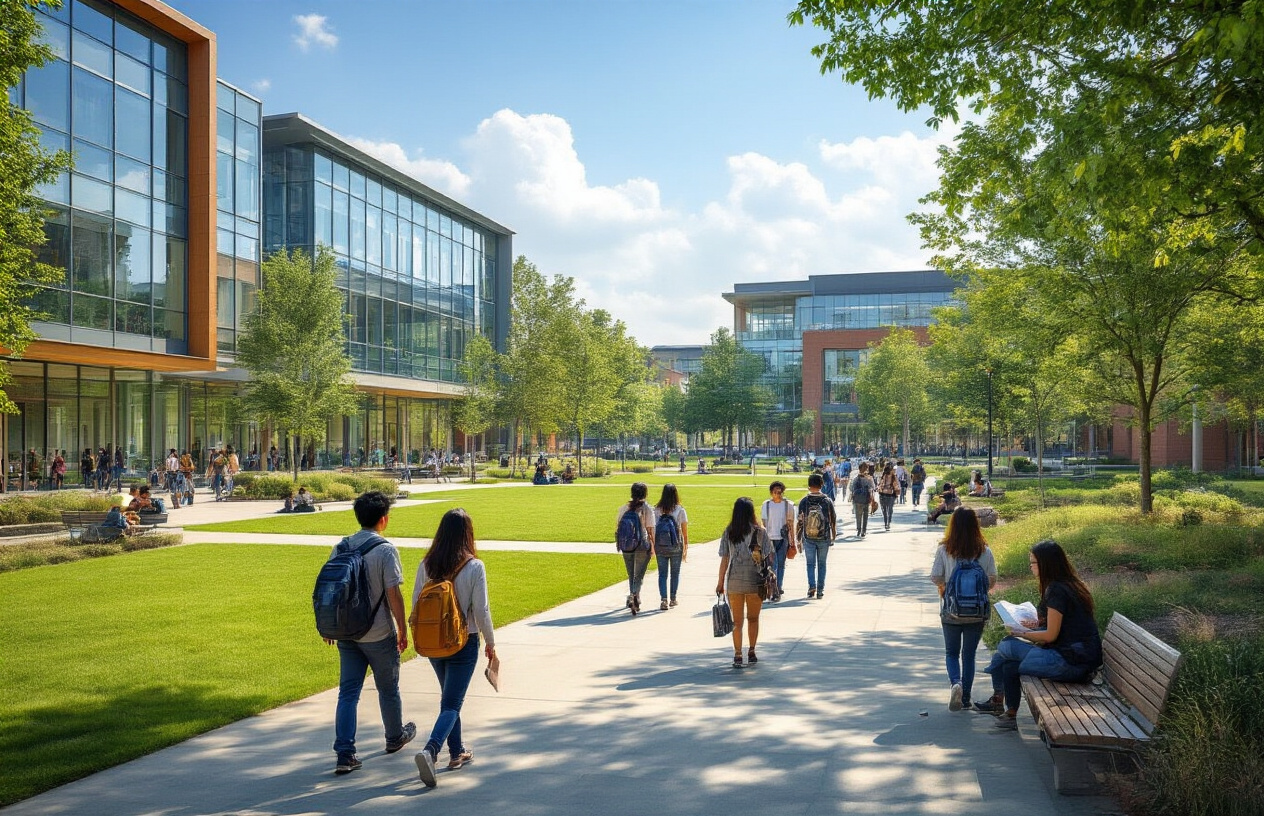 Create a realistic image of a vibrant university campus scene showing modern academic buildings with glass facades, well-maintained green lawns and walkways, diverse students of different races including Asian, white, and black students both male and female walking and socializing on campus, a contemporary library building in the background, outdoor seating areas with benches, trees providing shade, clear blue sky with soft natural lighting, and students carrying backpacks and books in a lively academic atmosphere, absolutely NO text should be in the scene.