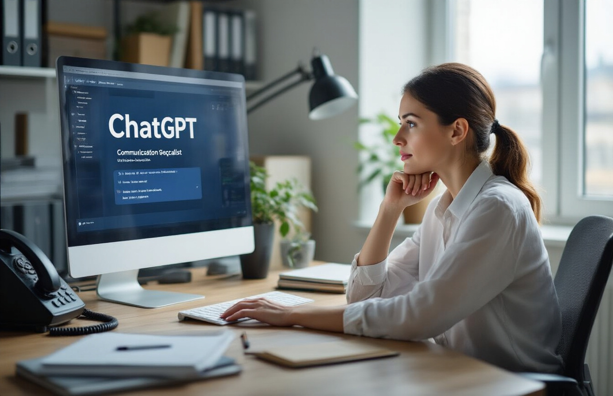 7 AI Tools That Will Replace Your Job (And What to Do About It) Create a realistic image of a modern office workspace showing a computer screen displaying the ChatGPT interface with a conversation visible, while a white female communication specialist sits at the desk looking thoughtfully at the screen, with traditional communication tools like a telephone, notebooks, and filing cabinets visible but appearing less prominent in the background, creating a contrast between old and new communication methods, with soft natural lighting from a nearby window illuminating the scene in a professional corporate environment, absolutely NO text should be in the scene.