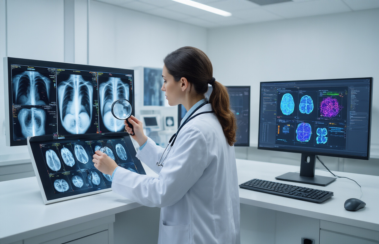 7 AI Tools That Will Replace Your Job (And What to Do About It) Create a realistic image of a split-screen composition showing traditional human visual analysis work being replaced by AI, featuring on the left side a white female medical professional examining X-ray images on a lightbox with a magnifying glass and stethoscope around her neck, and on the right side a sleek computer monitor displaying advanced AI computer vision software analyzing the same medical images with colorful digital overlays, diagnostic markers, and automated detection highlights, set in a modern medical facility with clean white walls and professional lighting, conveying a sense of technological transition and workplace transformation, absolutely NO text should be in the scene.