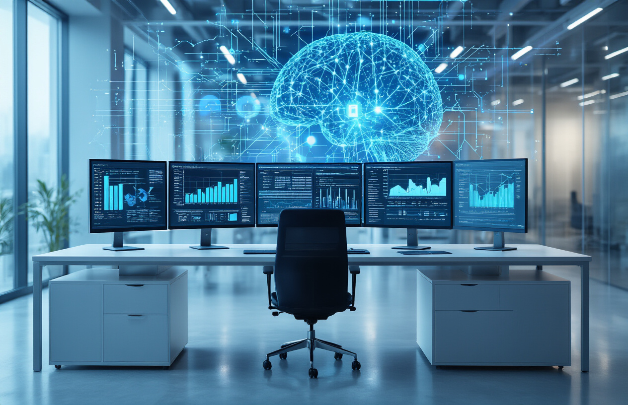 7 AI Tools That Will Replace Your Job (And What to Do About It) Create a realistic image of a sleek modern office environment with multiple computer monitors displaying complex data visualizations, charts, and algorithm flowcharts, featuring a sophisticated AI system interface with glowing blue neural network patterns overlaying traditional business analytics dashboards, an empty executive chair positioned in front of the workstation suggesting human displacement, dramatic lighting with cool blue and white tones emphasizing the technological transformation, background showing blurred corporate office space with glass partitions, absolutely NO text should be in the scene.