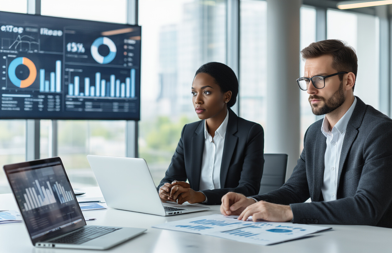 7 AI Tools That Will Replace Your Job (And What to Do About It) Create a realistic image of a diverse group of office workers including white male, black female, and Asian male professionals sitting at a modern conference table with laptops and documents, looking concerned while reviewing charts and graphs that show job automation statistics, with a sleek corporate boardroom background featuring large windows and contemporary lighting, conveying a serious and contemplative mood as they assess their career vulnerabilities, absolutely NO text should be in the scene.