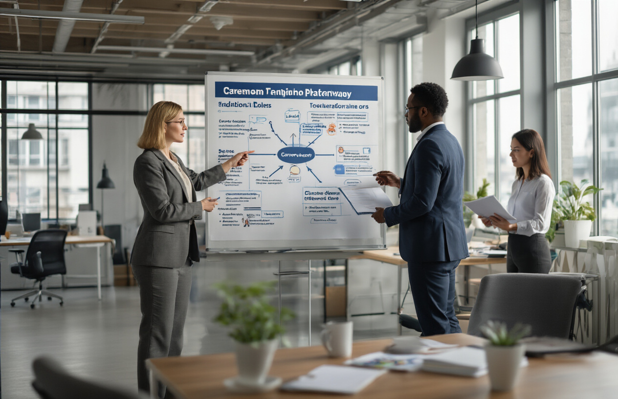 7 AI Tools That Will Replace Your Job (And What to Do About It) Create a realistic image of a diverse group of professionals in a modern office setting engaged in strategic career planning, featuring a white female business consultant pointing to a large wall chart showing career transition pathways from traditional roles to AI-resistant positions like healthcare, creative arts, and human services, with a black male professional taking notes and an Asian female worker reviewing documents, surrounded by modern office furniture, natural lighting from large windows, and a collaborative atmosphere that conveys adaptability and forward-thinking career development, absolutely NO text should be in the scene.