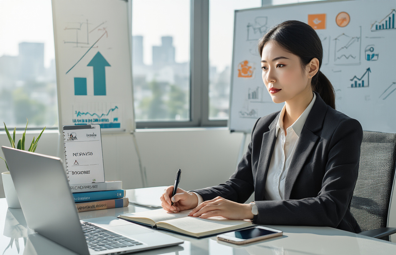 7 AI Tools That Will Replace Your Job (And What to Do About It) Create a realistic image of a professional Asian female businesswoman in a modern office environment, sitting at a sleek desk with an open laptop, taking notes in a notebook while looking determined and focused, surrounded by career development books, a smartphone displaying a skills learning app, and a whiteboard with upward trending arrows and skill icons in the background, bright natural lighting from large windows creating an optimistic and forward-thinking atmosphere, absolutely NO text should be in the scene.