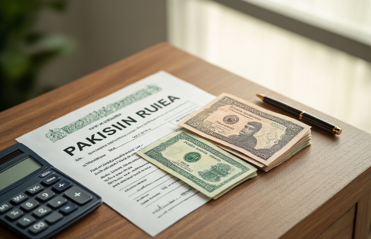 Create a realistic image of Pakistani rupee banknotes and coins arranged neatly on a wooden desk surface alongside an official Pakistani visa application form, with a Pakistani passport partially visible in the corner, a calculator displaying numbers, and a pen resting nearby, set against a clean office environment with soft natural lighting from a window, absolutely NO text should be in the scene.