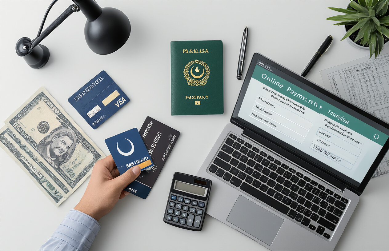 Create a realistic image of a modern office desk scene showing various payment methods for visa processing, featuring a Pakistani passport, credit cards, cash bills, a laptop displaying an online payment interface, official government forms, and a calculator, with a clean white background and professional lighting, absolutely NO text should be in the scene.