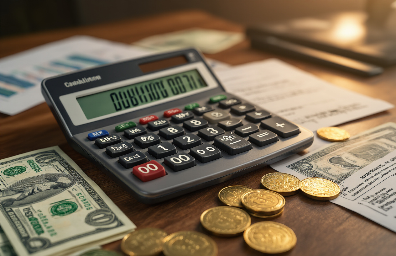 Create a realistic image of a close-up view of a calculator displaying numbers, surrounded by scattered Pakistani rupee banknotes and coins, with additional fee documents and receipts partially visible in the background, featuring a wooden desk surface with warm office lighting, conveying a financial planning atmosphere. Absolutely NO text should be in the scene.