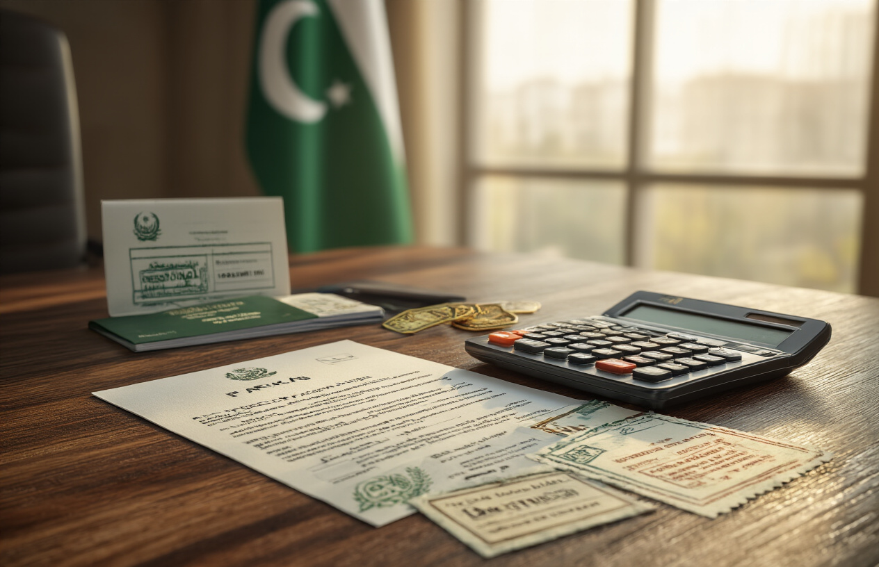 Create a realistic image of a Pakistani visa office desk scene with official documents, passport, and calculator displaying reduced fees, alongside discount stamps and exemption certificates scattered on the wooden desk surface, with soft natural lighting from a window, warm professional atmosphere, and a background showing blurred Pakistani flag colors, absolutely NO text should be in the scene.
