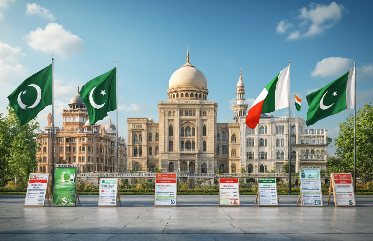 Create a realistic image of multiple embassy buildings from different countries with distinct architectural styles arranged in a row, featuring Pakistani flags visible in the foreground, with various currency symbols and fee charts displayed on stands in front of each embassy building, set against a clear blue sky with professional lighting, showing the concept of varying visa fees across different regional embassies, absolutely NO text should be in the scene.