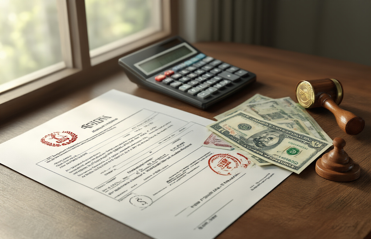 Create a realistic image of a professional office desk scene featuring official documents with stamps and seals, a calculator showing monetary calculations, Pakistani rupee currency notes partially visible, a rubber stamp with "REFUND" marking, and scattered application forms, all arranged on a clean wooden desk surface with soft natural lighting from a window, creating a business atmosphere that conveys visa fee processing and refund procedures, absolutely NO text should be in the scene.