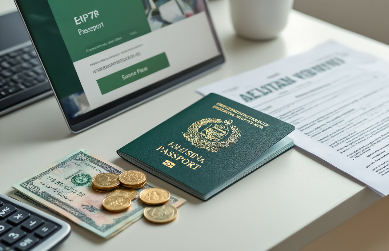 Create a realistic image of a Pakistani passport document lying open on a modern desk surface next to a laptop computer displaying a government website, with Pakistani rupee banknotes and coins scattered around, a calculator showing fee calculations, and official government documents in the background, shot in bright natural lighting with a clean, professional office environment, absolutely NO text should be in the scene.