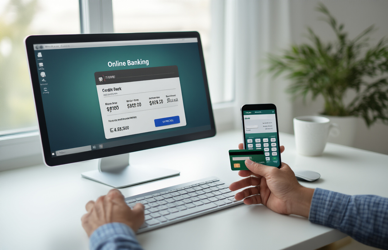 Create a realistic image of a modern desktop computer setup showing online banking interface on the screen with credit card payment options, a Pakistani person's hands holding a credit card near the keyboard, smartphone displaying mobile banking app beside the computer, clean white desk surface, soft natural lighting from window, professional home office environment, focus on digital payment transaction process, absolutely NO text should be in the scene.