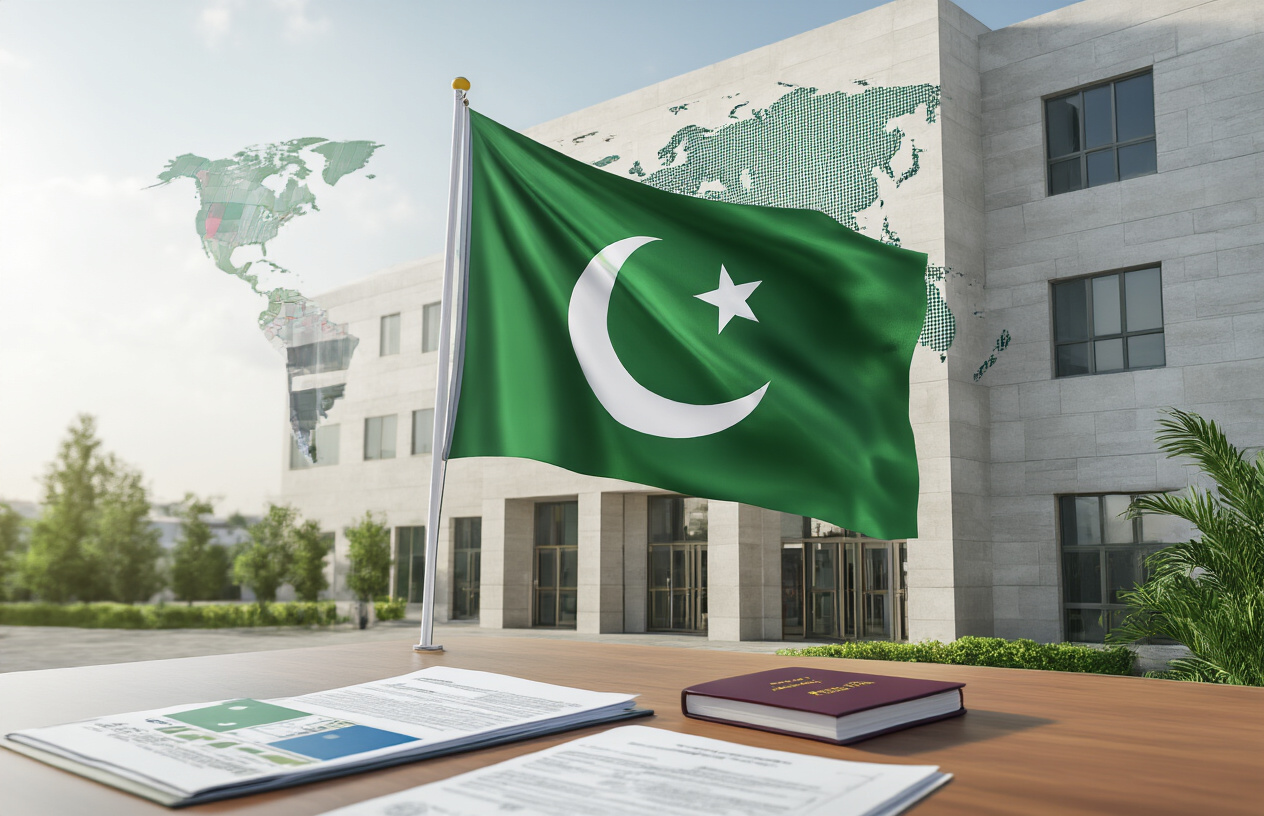 Create a realistic image of a Pakistani embassy building exterior with the distinctive green and white Pakistani flag prominently displayed, showing a modern government office facade with multiple service windows, a world map in the background highlighting different global regions with varying fee structures represented by subtle color coding, official documents and passport application forms scattered on a desk in the foreground, with soft natural lighting creating a professional administrative atmosphere, Absolutely NO text should be in the scene.