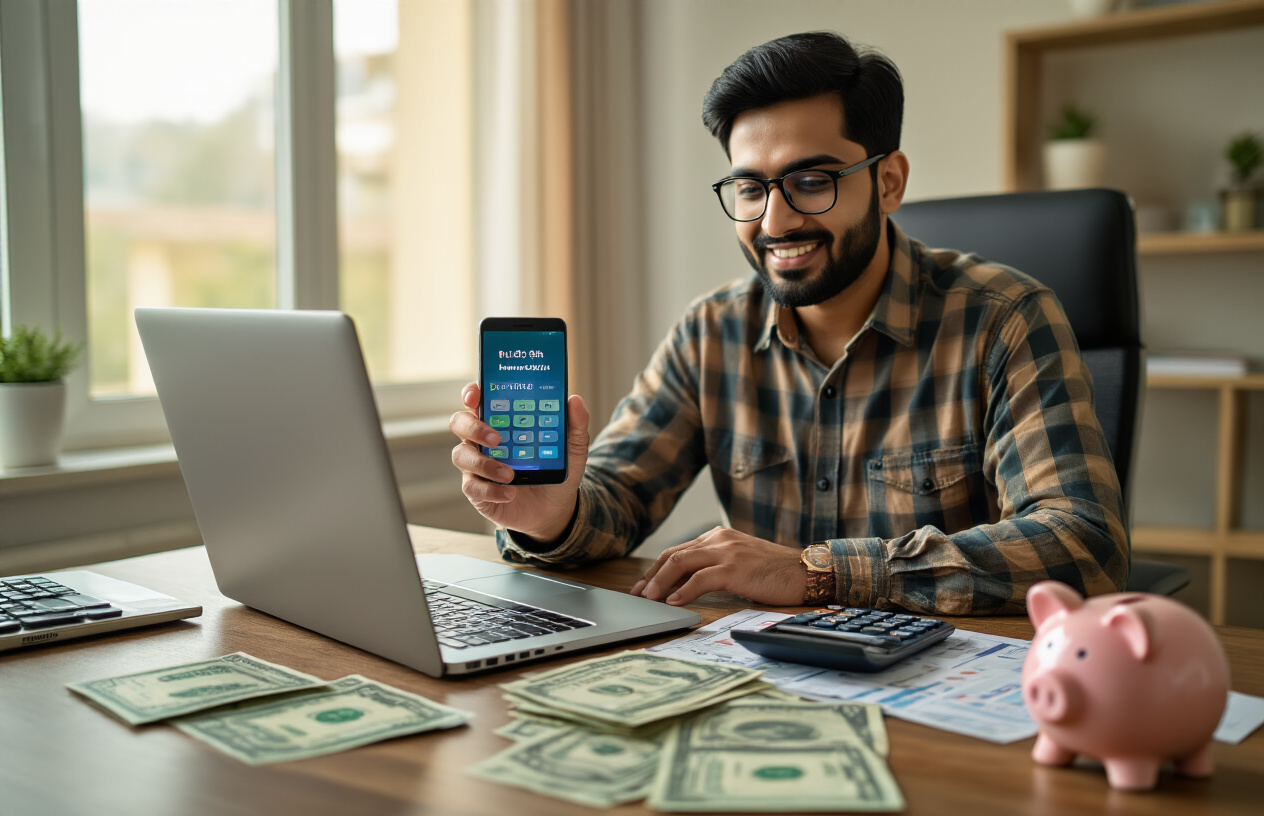 Create a realistic image of a Pakistani male sitting at a modern desk with a laptop computer, calculator, and scattered Pakistani rupee notes, holding a smartphone displaying a digital wallet app, with a Pakistani passport visible on the desk alongside financial documents and a piggy bank, set in a well-lit home office environment with warm natural lighting from a window, conveying a focused money-saving and financial planning atmosphere, absolutely NO text should be in the scene.
