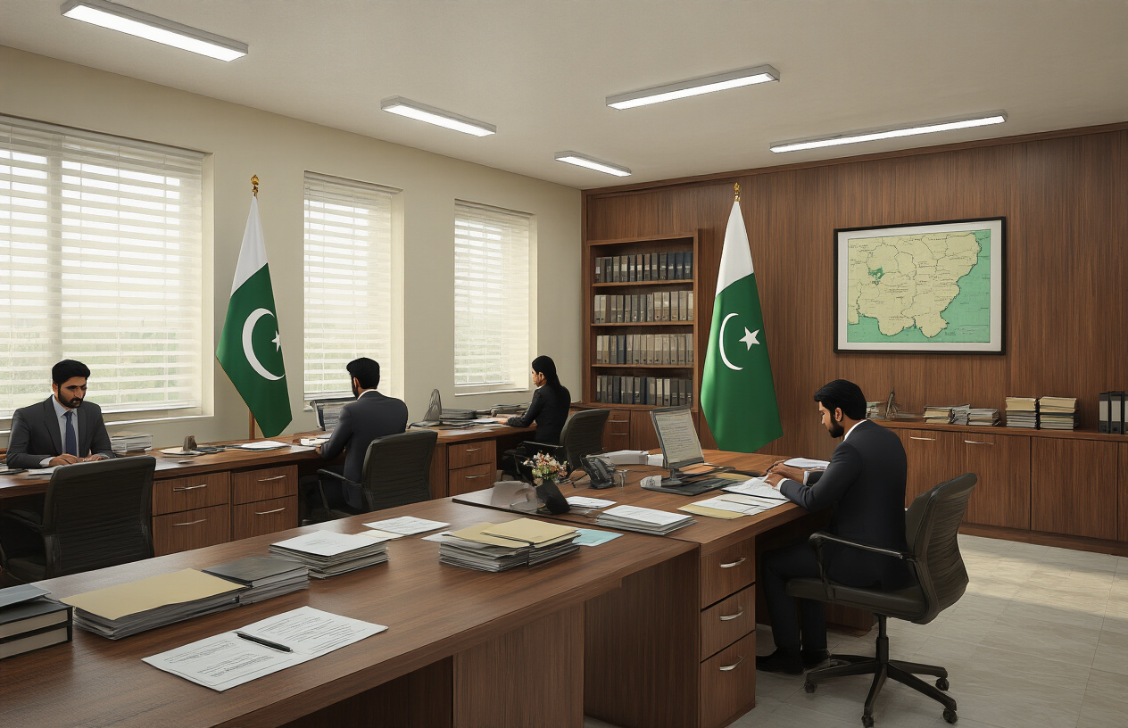 Create a realistic image of a modern Pakistani government office interior with wooden desks, official documents and files spread on tables, a Pakistani flag in the corner, filing cabinets along the walls, fluorescent lighting creating a professional administrative atmosphere, and a few South Asian male and female government officials in formal attire working at their desks reviewing property documents, with Punjab province map visible on the wall, absolutely NO text should be in the scene.