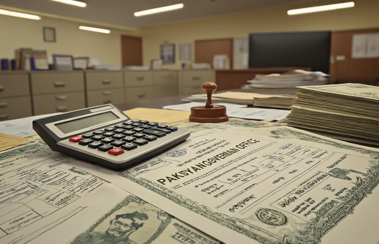 Create a realistic image of a Pakistani government office desk with official documents, fee charts, and land records spread out, featuring a calculator, rubber stamps, and official seals, with Pakistani rupee currency notes visible, set against a backdrop of filing cabinets and official government office interior with warm fluorescent lighting, absolutely NO text should be in the scene.