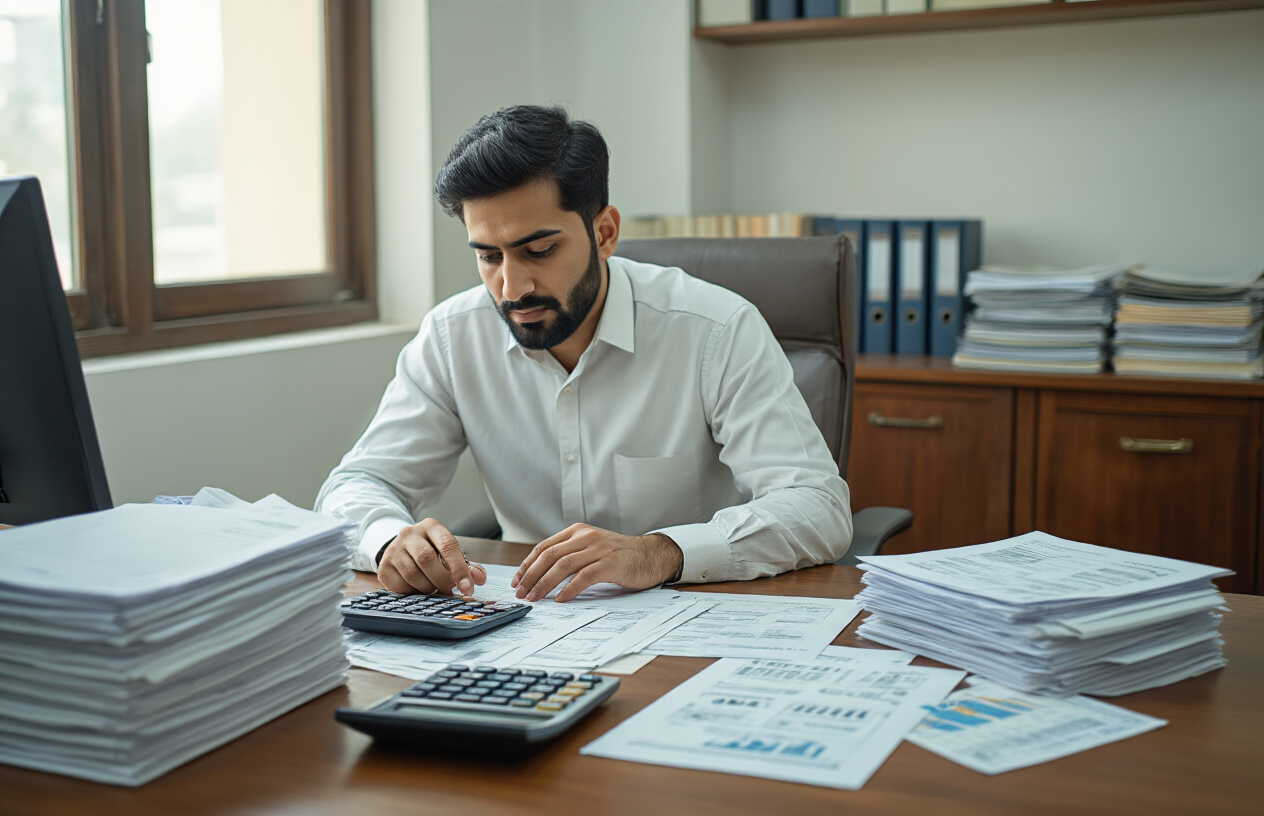 Create a realistic image of a South Asian male financial officer in formal attire sitting at a modern office desk with a calculator, documents, and payment forms spread out, alongside a computer screen displaying financial calculations, with Pakistani rupee notes and coins visible on the desk, set in a professional government office environment with fluorescent lighting and filing cabinets in the background, conveying a serious and methodical administrative atmosphere, absolutely NO text should be in the scene.