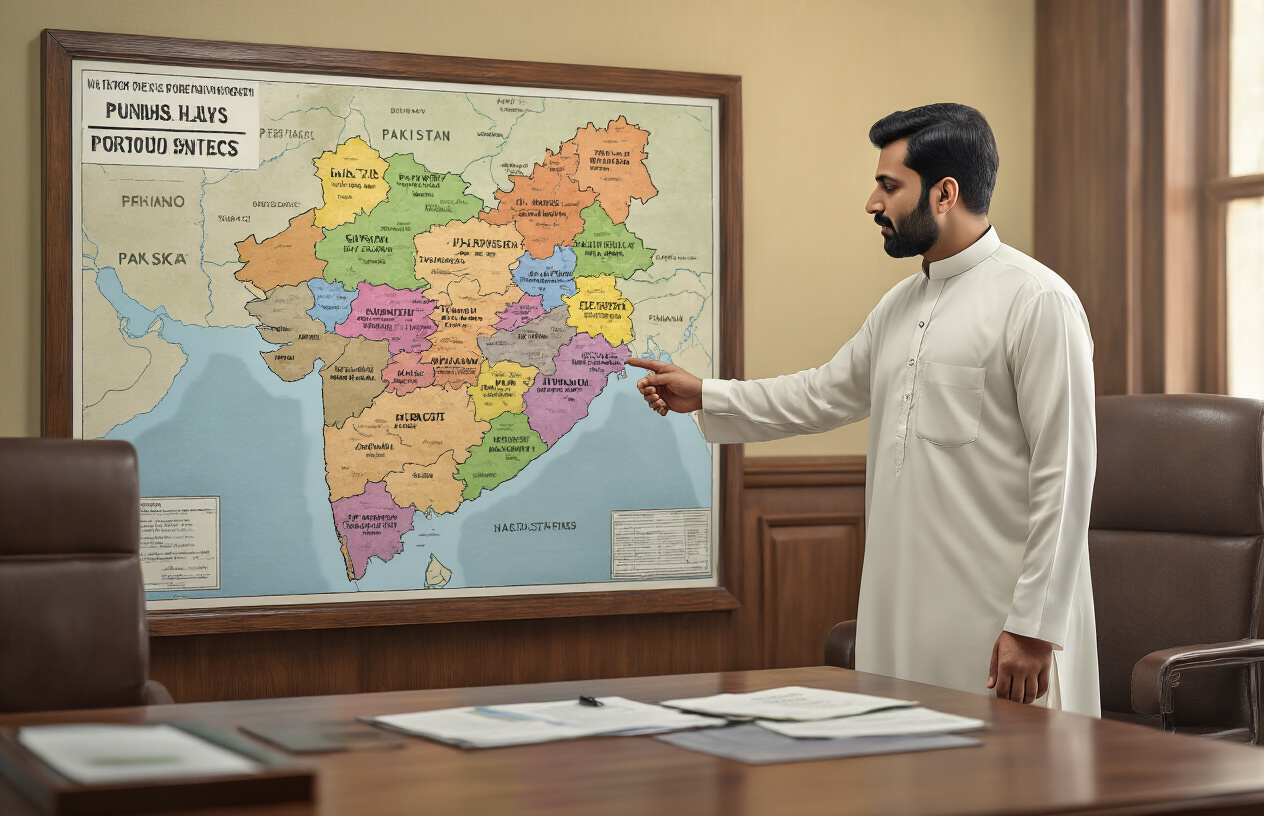 Create a realistic image of a detailed map of Punjab province in Pakistan showing different districts highlighted in various colors to represent fee variations, with a Pakistani male administrator in traditional white shalwar kameez pointing to different regions on the map, set in a government office environment with wooden furniture and official documents on a desk, natural lighting from a window, professional administrative atmosphere, absolutely NO text should be in the scene.