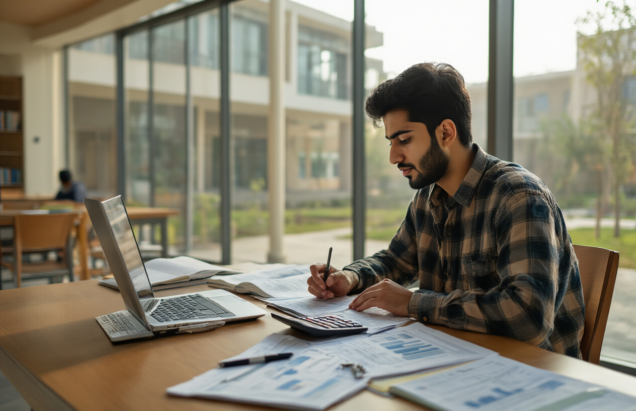 Create a realistic image of a modern university campus building with contemporary architecture, featuring a Pakistani male student in his early twenties sitting at a wooden desk with a laptop computer, calculator, and organized documents spread out, carefully reviewing financial papers and fee structure charts, with books and notebooks nearby, in a well-lit study area with large windows showing the university campus in the background, warm natural lighting creating a focused academic atmosphere, absolutely NO text should be in the scene.